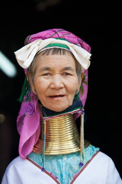 Myanmar, Burma - 30 Aralık 2013: Myanmar, Burma'da uzun boyunlu Kayan Padaung kadın. Boyun halkaları pirinç bobinler zürafa kadın arama ile kadın güzel portre