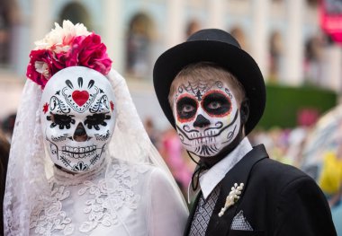Moskova, Rusya - 29 Haziran 2018 : Moskova'da defile dia de muertos Mexico. Ölüler Günü Meksika'da ölüme komik bir tutum gösteren en popüler ve sıradışı tatil biridir.