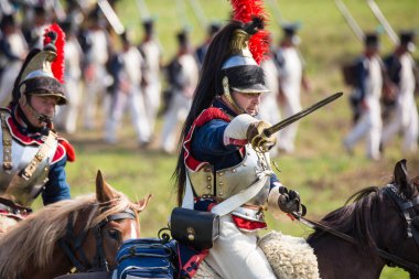 Borodino köyü, Moskova bölgesi Rusya - 02.09.2018: Rus ve Fransız kuvvetleri arasında 1812 yılında Borodino Savaşı 'nın yeniden inşası.