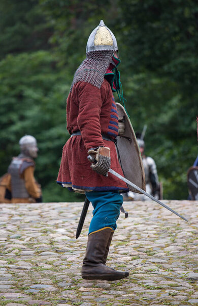 Torzhok, Russia -August 15, 2020: Reconstruction of a medieval battle with the participation of many extras and reconstruction groups from Europe and Russia