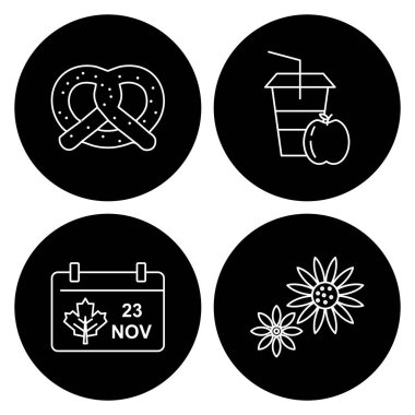 Yılbaşı ve yeni yıl sembollerinin 12 siyah beyaz simgesinin vektör çizimi