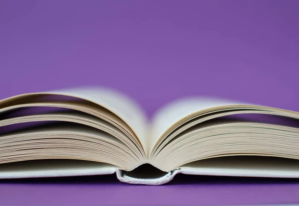 Open white book isolated on purple background with sweet bokeh