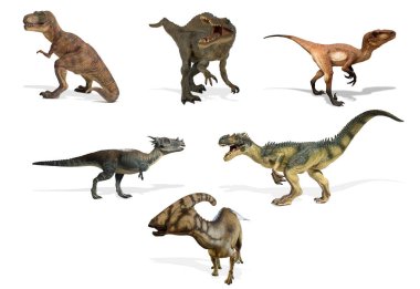 Beyaz arka planda izole dinozorlar farklı tür