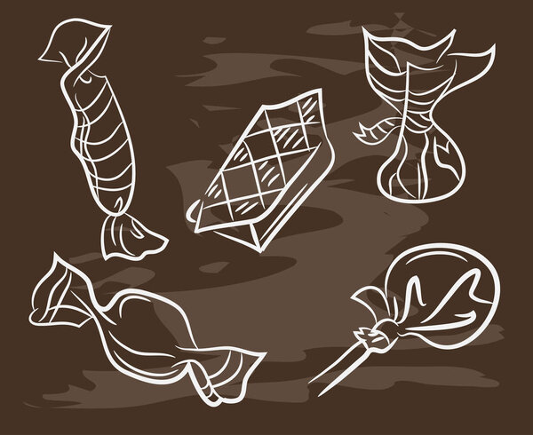 Doodle style hard candy set sketch on blackboard in vector format.