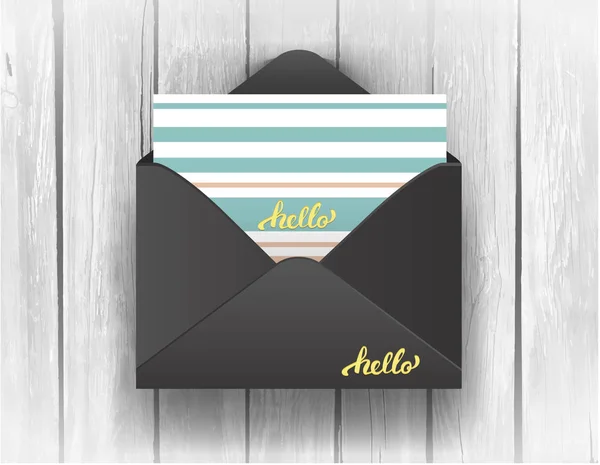 Black opened envelope with Hello Lettering on wooden background. — Stock Vector