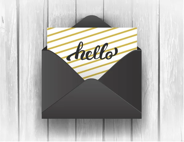 Черный конверт с надписью Hello Lettering на деревянном фоне . — стоковый вектор