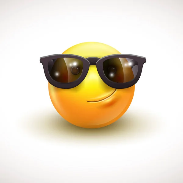 Niedlich lächelndes Emoticon mit schwarzer Sonnenbrille, Emoji, Smiley - Vektorillustration — Stockvektor