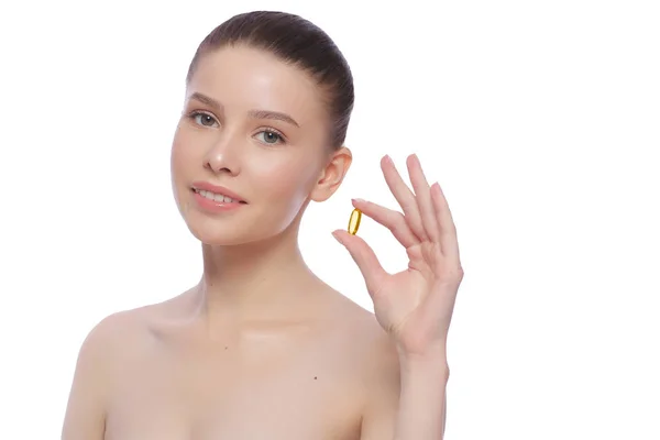 Beautiful Young Woman Holding Fish Oil Pill Hand Healthy Eating — Stock Photo, Image