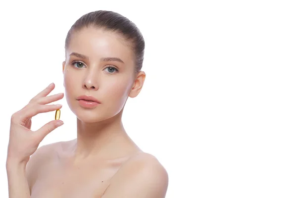 Beautiful Young Woman Holding Fish Oil Pill Hand Healthy Eating — Stock Photo, Image