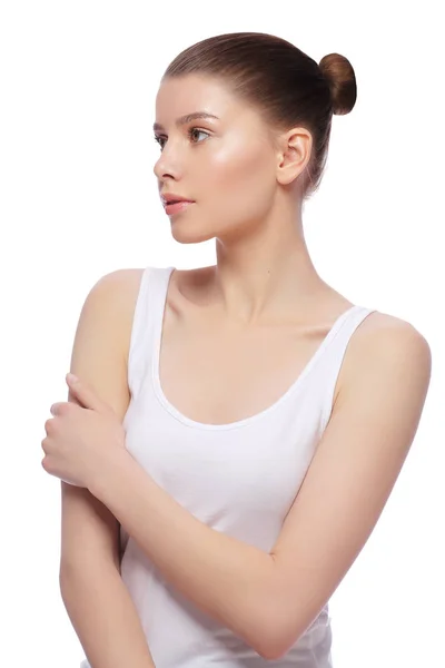 Beautiful Young Woman Holding White Shirt — Stock Photo, Image