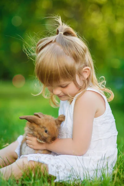 Nettes Mädchen Mit Kleinem Hasen Sommerpark — Stockfoto