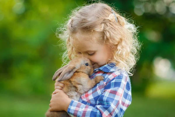 Мила Дівчина Маленьким Кроликом Літньому Парку — стокове фото