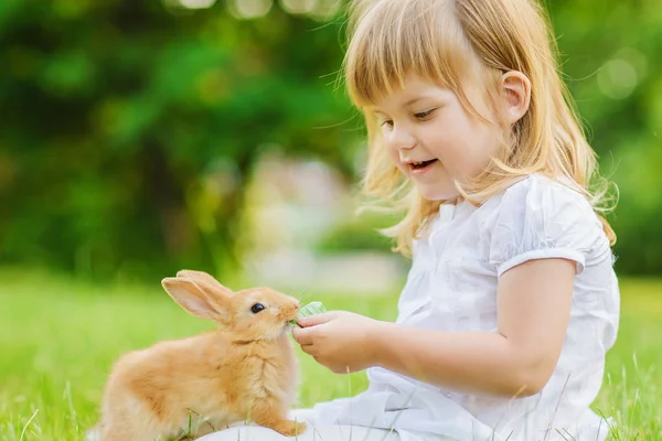 Симпатичная Девушка Маленьким Зайчиком Летнем Парке — стоковое фото