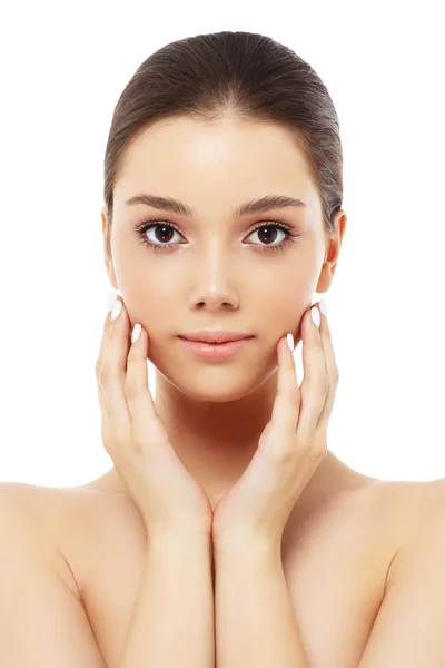 Portrait of a beautiful young woman, skin care and hands with ma — Stock Photo, Image