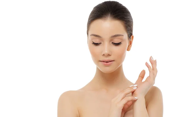 Portrait of a beautiful young woman, skin care and hands with ma — Stock Photo, Image