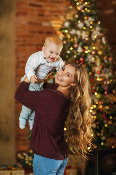 Beautiful Mother Her Baby Son Christmas Holiday — Stock Photo, Image