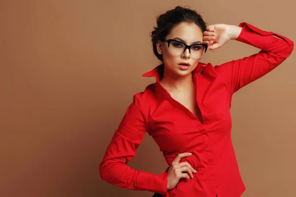 Young Beautiful Woman Red Shirt Sunglasses — Stock Photo, Image