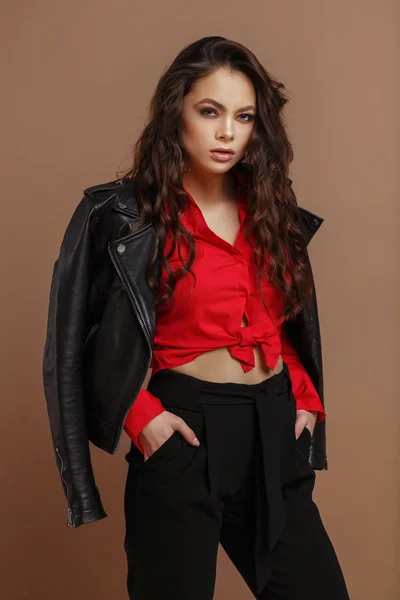 Young Beautiful Woman Black Jacket — Stock Photo, Image