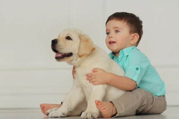 Chłopiec Szczeniak Labrador — Zdjęcie stockowe