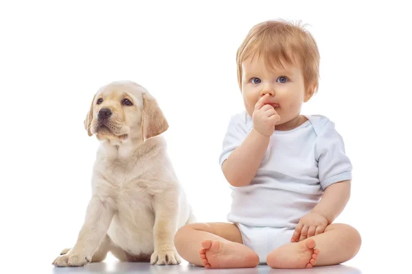 Lilla Unge Med Valp Labrador — Stockfoto