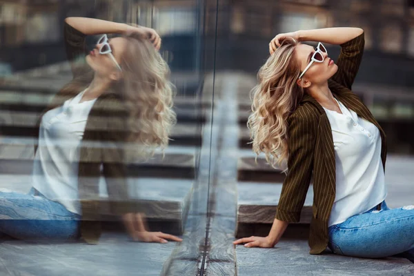Fashion Portrait Young Woman White Sunglasses — Stock Photo, Image