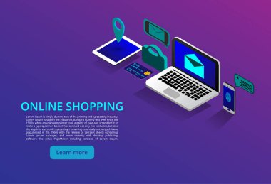 Online Bankacılık ve Shoping, mobil ödeme, Transfer para izometrik kavramı. Online Shoping kavramı. Vektör çizim.
