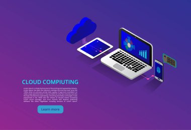 İzometrik modern bulut teknoloji ve ağ kavramı. Web bulut teknoloji iş. Internet Veri Hizmetleri vektör çizim. Bulut bilgi işlem çevrimiçi depolama düşük Poli