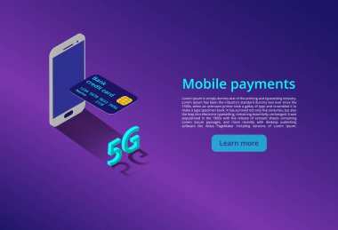 Mobil ödeme. 5g yeni kablosuz internet wifi bağlantısı. izometrik vektör kavramı. Otomasyon bilgisayar illüstrasyon ağı ile