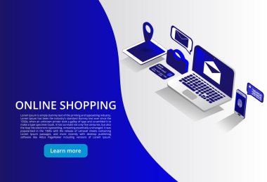 Online Shoping, mobil ödeme, Transfer para izometrik kavramı. Online Shoping kavramı. Vektör çizim.