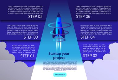 Roket Infographic öğeleri ve açılış sayfası tasarımı iş başlangıç konsepti için ultraviyole ışınları ile 3D Illustration. Yeni kablosuz internet wifi bağlantı. izometrik vektör kavramı. Başlangıç