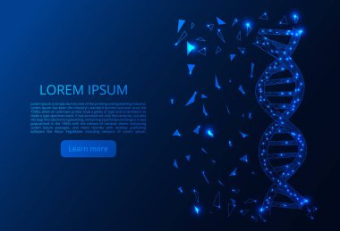 Kızdırma glitter Dna nokta nokta mavi renk efektleri ile koyu arka plan üzerinde ölçekler. Poligonal Dna kavramı. Gelen enkaz uçan vektör kafes küre.