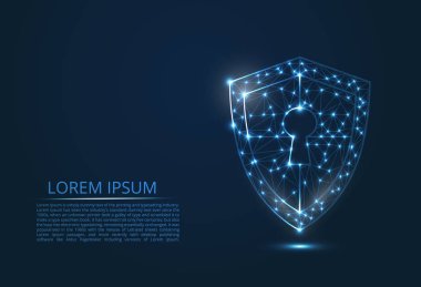 Siber güvenlik kavramı soyut görüntüsü. Bir anahtar deliği simgesi ile kalkan. Cybersecurity fikri veya şeklinde çizgiler ve şekiller, cam parçaları bilgilerin gizliliği göstermektedir. Antivirus