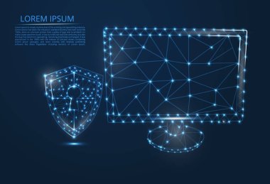 Siber güvenlik kavramı soyut görüntüsü. Bir anahtar deliği simgesi ile kalkan. Cybersecurity fikri veya şeklinde çizgiler ve şekiller, cam parçaları bilgilerin gizliliği göstermektedir. Antivirus