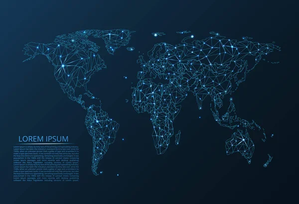 Karta över världen kommunikationsnätet. Låg-poly vektorbild av en global karta med lampor i form av städer i världen som består av punkter och siffror i form av stjärnor och utrymme — Stock vektor