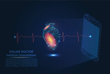 Online doktor. Sağlıklı bir kalp soyut bir görüntü. Medetzin yenilikçi teknolojileri. Kalp atım, nabız, sağlıklı bir kalp. Çizgiler ve şekiller ile parlayan bir perde şeklinde bir cep telefonu.
