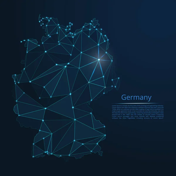 ドイツ通信ネットワーク マップ。ライトの都市またはポイントと星と宇宙の形の図形で構成される人口密度の形でグローバル マップのベクトル低ポリ画像. — ストックベクタ