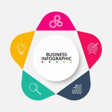 Grafiğin soyut unsurları, 5 aşamalı diyagram, seçenekler, parçalar veya süreçler. Bilgi ve sunum için şablon