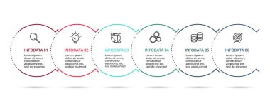Doğrusal Infographic diyagramı, grafik, sunum ve yuvarlak grafik için vektör ve pazarlama simgeler tasarlayın. Kavram 6 seçeneği ile