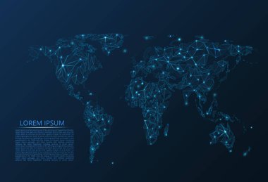Dünya iletişim ağının haritası. Dünya şehirleri veya puan ve rakamlardan oluşan nüfus yoğunluğu şeklinde ışıklarla küresel haritanın vektör düşük poli görüntüsü