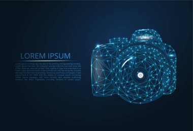 Vektör kamera. Soyut poligonal iskelet illüstrasyon koyu mavi gece gökyüzü arka plan noktalar ve yıldızlar, cam rakamlar üzerinde bir kamera.