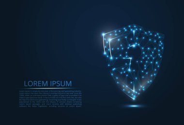 Siber güvenlik kavramı soyut görüntüsü. Bir anahtar deliği simgesi ile kalkan. Cybersecurity fikri veya şeklinde çizgiler ve şekiller, cam parçaları bilgilerin gizliliği göstermektedir. Antivirus