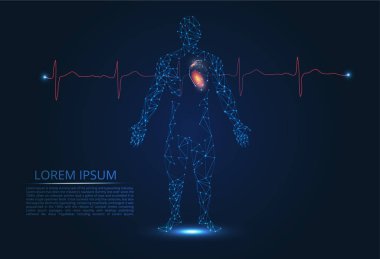 Adam ve kalp soyut bir görüntü. Tıpta yenilikçi teknolojileri. Kalp atım, darbe, sağlıklı kalp.
