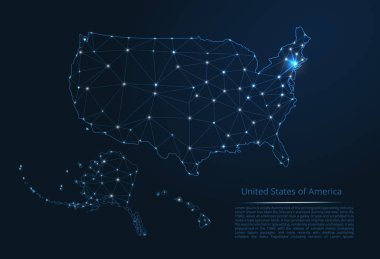 Amerika Birleşik Devletleri ağının haritası. Yıldız şeklinde şekillerden oluşan şehirlerin nüfus yoğunluğu şeklinde ışıklar ile küresel bir harita vektör düşük poli görüntü