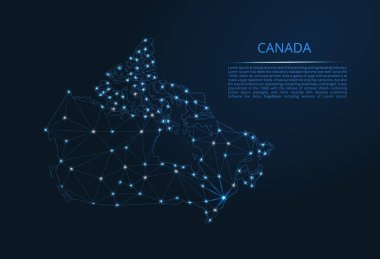Kanada ağının haritası. Yıldız şeklinde şekillerden oluşan şehirlerin nüfus yoğunluğu şeklinde ışıklar ile küresel bir harita vektör düşük poli görüntü