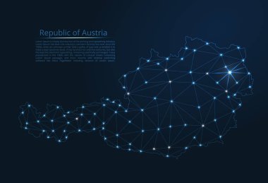 Avusturya ağının haritası. Yıldız şeklinde şekillerden oluşan şehirlerin nüfus yoğunluğu şeklinde ışıklar ile küresel bir harita vektör düşük poli görüntü