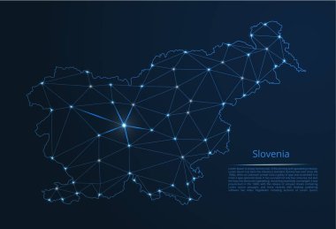 Slovenya ağının haritası. Yıldız şeklinde şekillerden oluşan şehirlerin nüfus yoğunluğu şeklinde ışıklar ile küresel bir harita vektör düşük poli görüntü