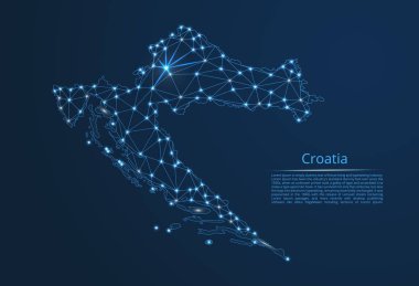 Hırvatistan iletişim ağı haritası. Yıldızlar ve uzay şeklinde nokta ve şekillerden oluşan şehirler veya nüfus yoğunluğu şeklinde ışıklar ile küresel bir harita vektör düşük poli görüntü.