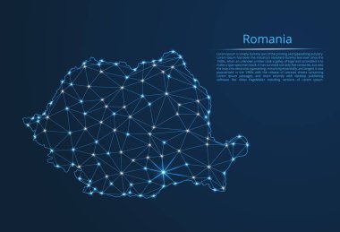 Romanya iletişim ağı haritası. Yıldızlar ve uzay şeklinde nokta ve şekillerden oluşan şehirler veya nüfus yoğunluğu şeklinde ışıklar ile küresel bir harita vektör düşük poli görüntü.
