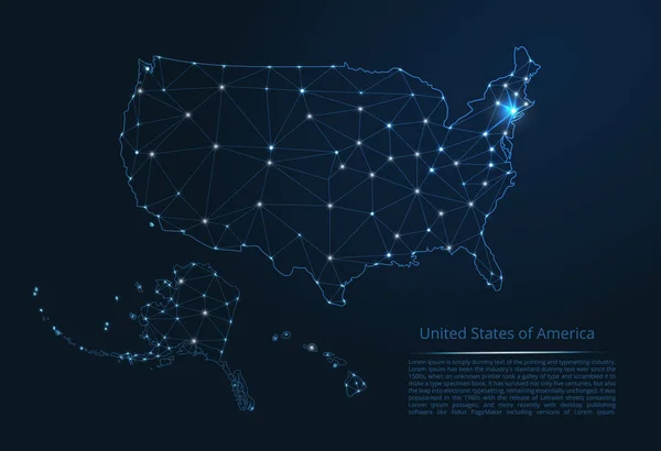 La mappa della rete degli Stati Uniti d'America. Immagine vettoriale a basso poli di una mappa globale con luci sotto forma di densità di popolazione di città costituite da forme a forma di stelle — Vettoriale Stock