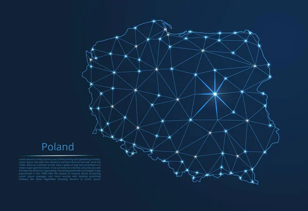 Polonia mappa della rete di comunicazione. Immagine a basso poli vettoriale di una mappa globale con luci sotto forma di città o densità di popolazione costituita da punti e forme sotto forma di stelle e spazio . — Vettoriale Stock